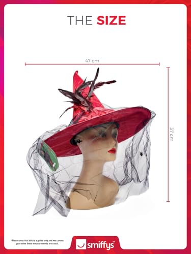 Smiffys Witch Deluxe Hat with Net & Feathers, Deep Red (36720)