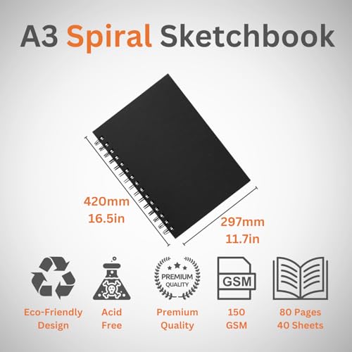 Hawksbill A3 Black Sketchbook Hardcover Spiral 40 Sheets 150GSM Acid-Free Paper