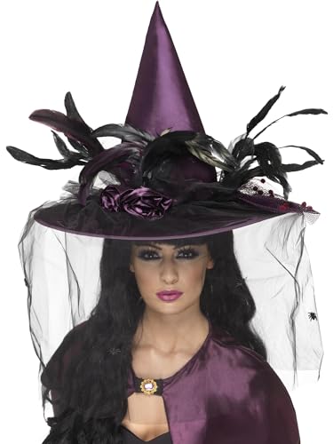 Smiffys Witch Hat with Feathers and Netting, Purple (Witch Costume Accessory)