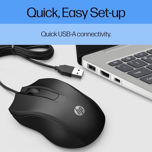 HP 100 Black Wired USB Mouse - 1600 DPI Optical Sensor, Plug-and-Play USB Connectivity, Ergonomic Design for PC, Laptop, Mac