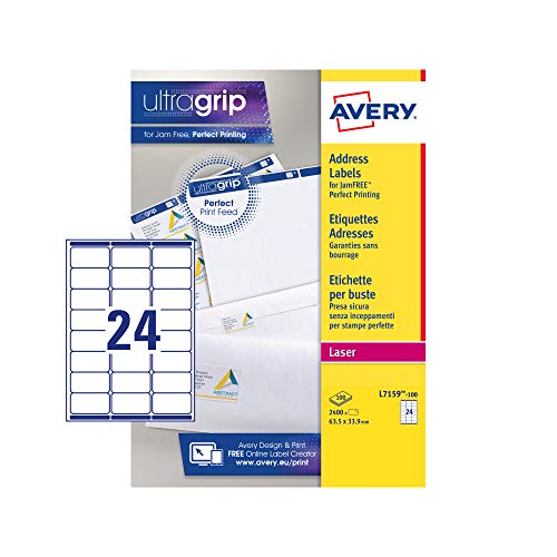 Avery - Self Adhesive Address Mailing Labels Laser Printer Labels, 24 Labels Per Sheet, 2400 Labels, UltraGrip (L7159), White