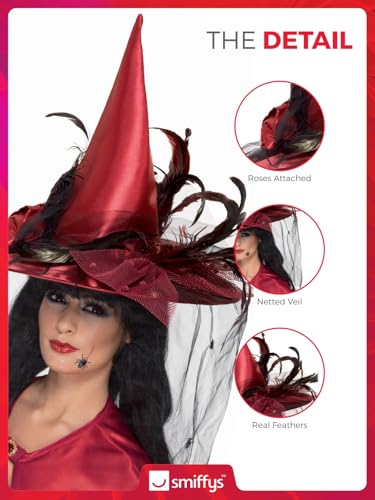 Smiffys Witch Deluxe Hat with Net & Feathers, Deep Red (36720)