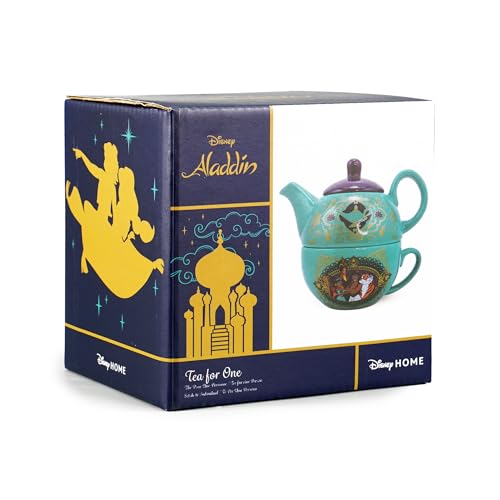 Disney Aladdin Tea for One Set - Black Teapot and Cup Set with Aladdin Character Illustrations