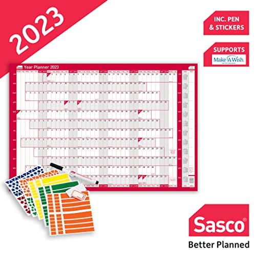 Sasco 2023 Original Year Wall Planner with Wet Wipe Pen & Sticker Pack, Red, Poster Style