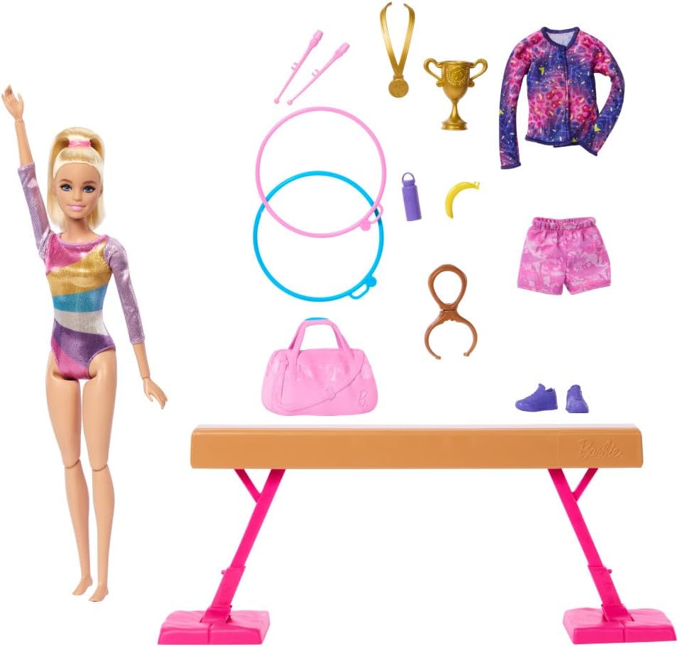 Barbie Gymnastics Doll Playset - Flipping Feature & 19-Piece Accessories for Kids 3+