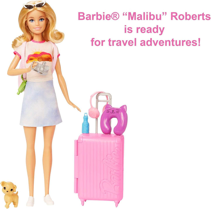 Barbie Malibu Travel Set with Puppy & 13-Piece Accessories - Doll Playset for Ages 3+
