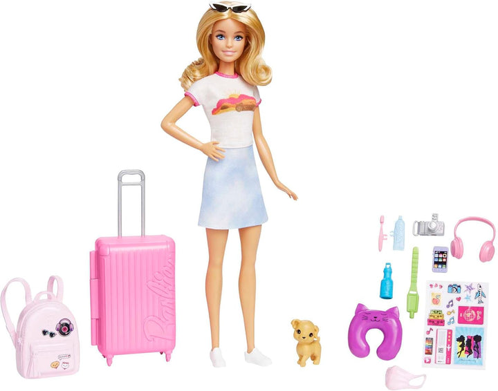 Barbie Malibu Travel Set with Puppy & 13-Piece Accessories - Doll Playset for Ages 3+