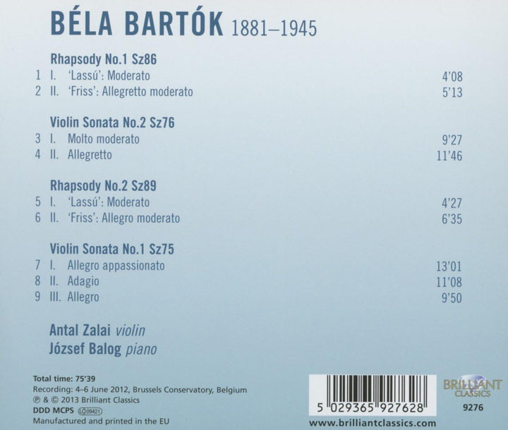 Antal Zalai; Jozsef Balog - Bartok: Complete Works for Violin, Vol. 3 [Audio CD]