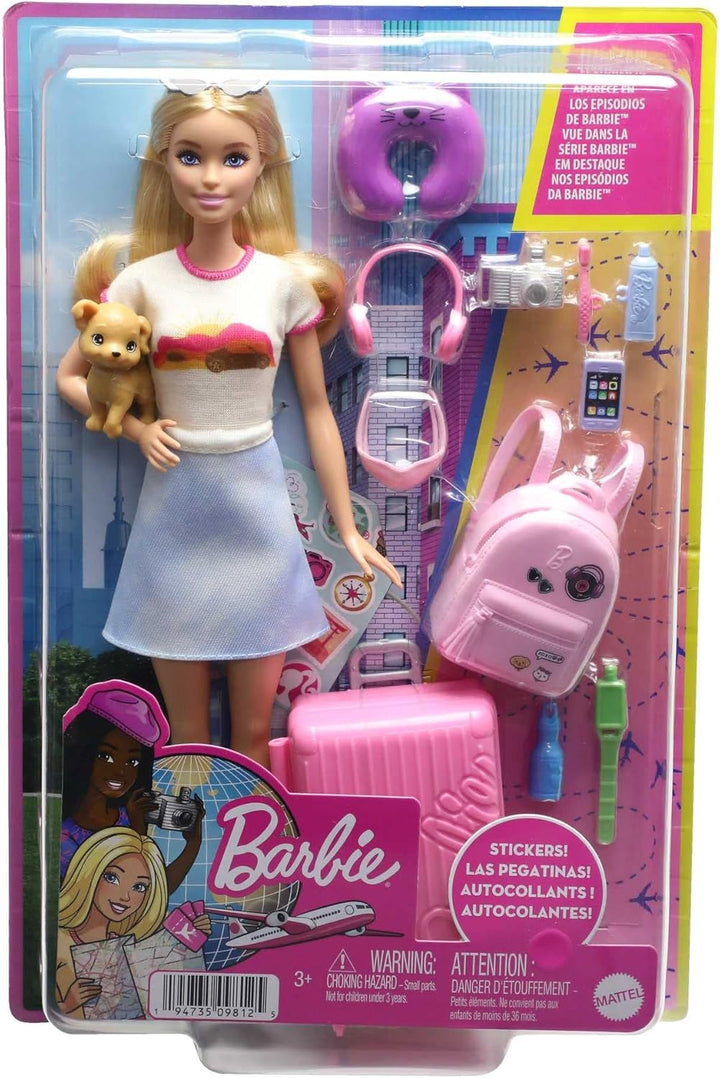 Barbie Malibu Travel Set with Puppy & 13-Piece Accessories - Doll Playset for Ages 3+