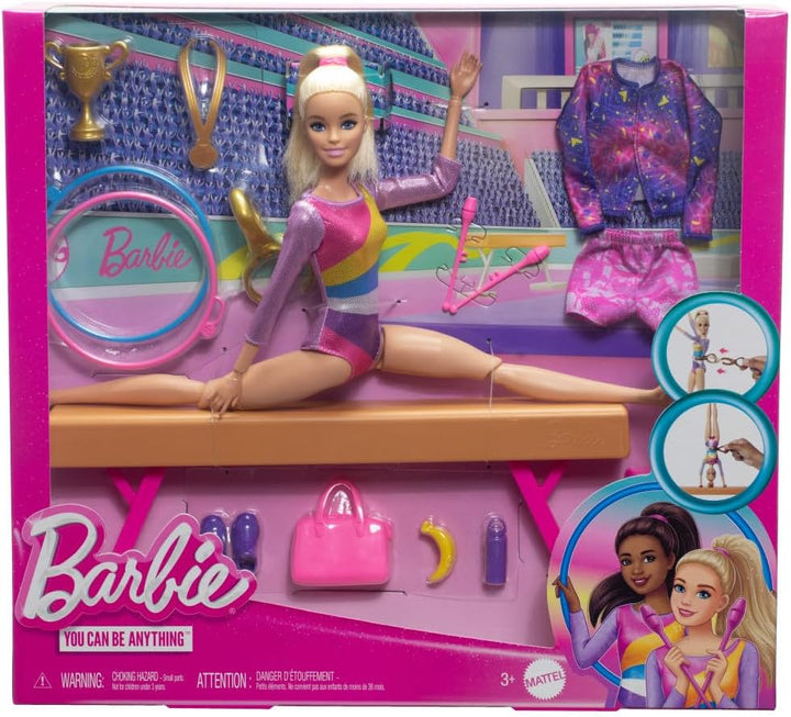 Barbie Gymnastics Doll Playset - Flipping Feature & 19-Piece Accessories for Kids 3+
