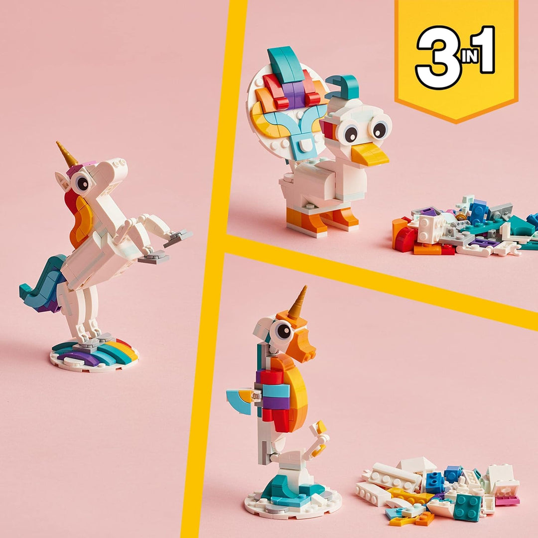 LEGO Creator 3 in 1 Magical Unicorn Toy - Rebuildable Seahorse & Peacock Set for Kids 7+