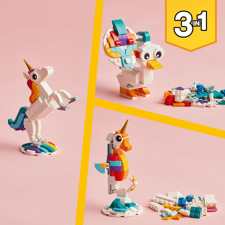 LEGO Creator 3 in 1 Magical Unicorn Toy - Rebuildable Seahorse & Peacock Set for Kids 7+