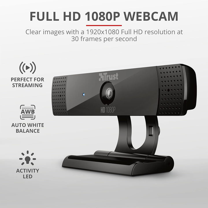 Trust Gaming GXT 1160 Vero Full HD Webcam - 1920x1080 Resolution, 30 FPS, Built-in Microphone, 8MP, Black