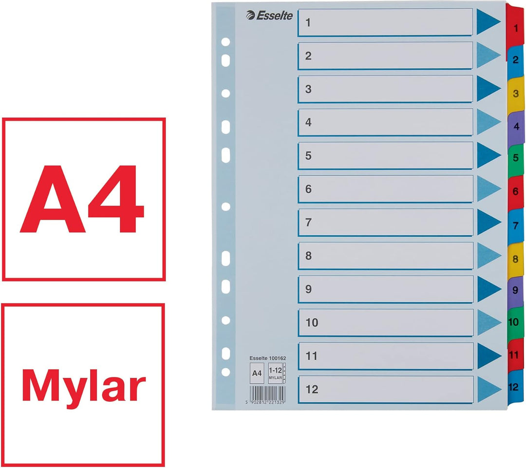 Esselte 100162 A4 1-12 Index Dividers, Heavy Duty Cardboard with Mylar Reinforced Tabs, Multicoloured
