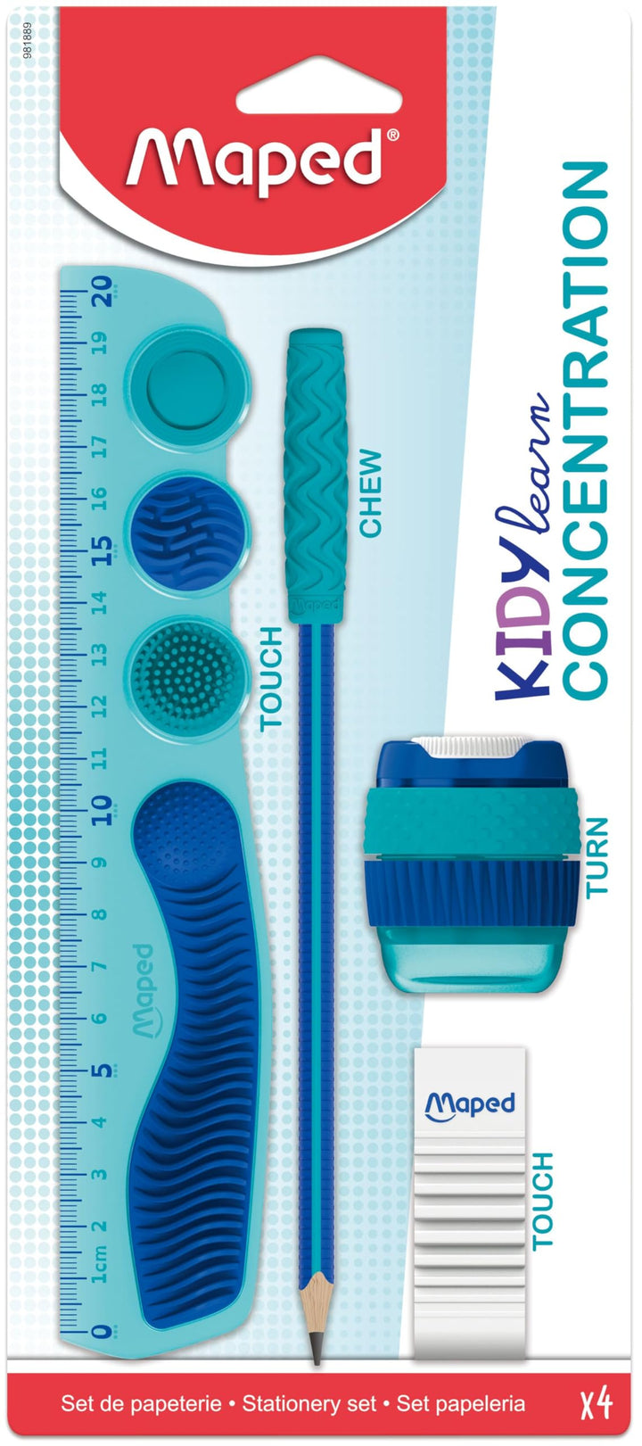 Maped Kidy Learn Concentration 4-Piece School Set - Ruler, Pencil Sharpener, Eraser, Graphite Pencil