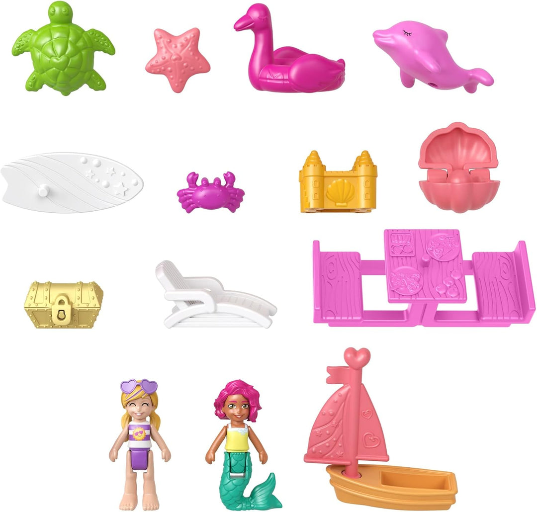 Polly Pocket Dolphin Beach Compact Playset with Micro Polly & Mermaid Doll, 5 Reveals & 13 Accessories