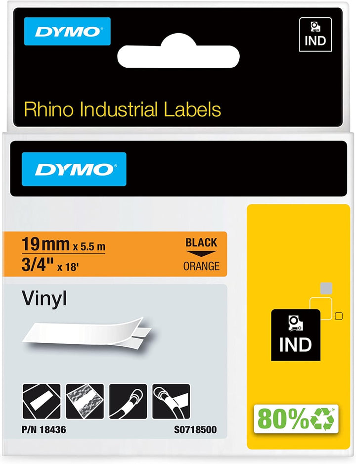 DYMO Rhino Industrial Vinyl Labels | 19 mm x 5.5 m | Black Print on Orange | Model 18436