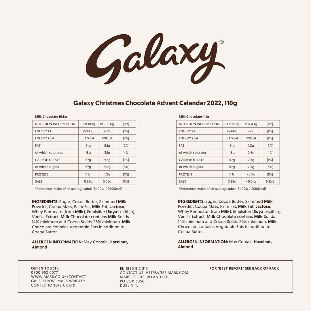 Galaxy Christmas Chocolate Advent Calendar 2022 - Milk Chocolate Countdown to Christmas, Festive Gift for Chocolate Lovers