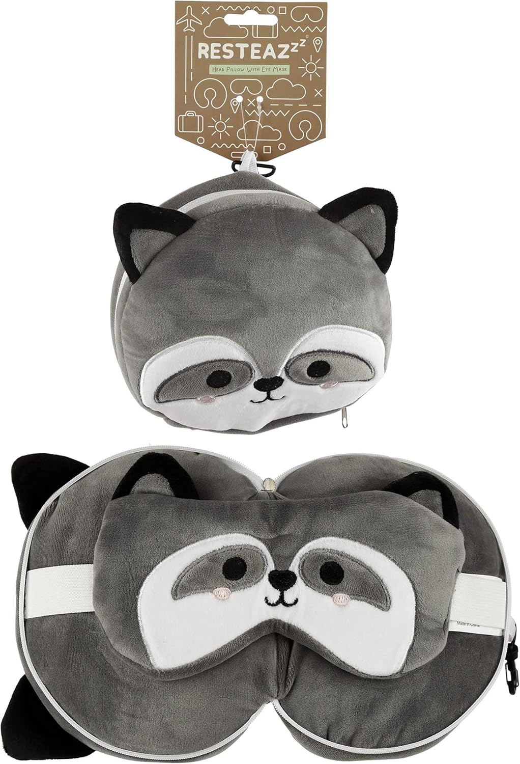 Puckator Raccoon Plush Travel Pillow & Eye Mask Combo (Multicolor)