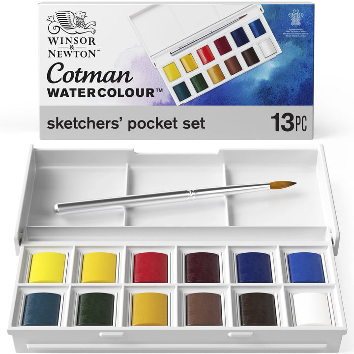 Winsor & Newton Cotman Watercolour Paint Set - Sketchers' Pocket Box with 12 Half Pans and Travel Brush
