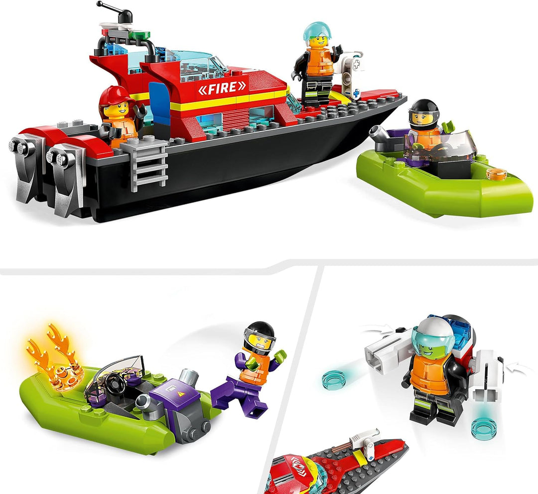 LEGO City Fire Rescue Boat Toy - Floating Fireboat with Jetpack, Dinghy & 3 Minifigures for Kids 5+