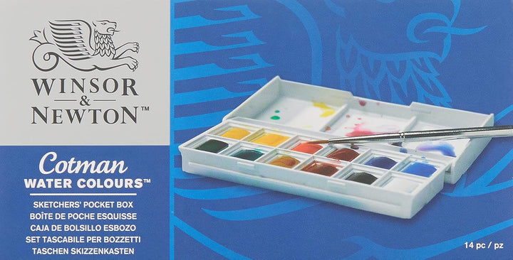 Winsor & Newton Cotman Watercolour Paint Set - Sketchers' Pocket Box with 12 Half Pans and Travel Brush