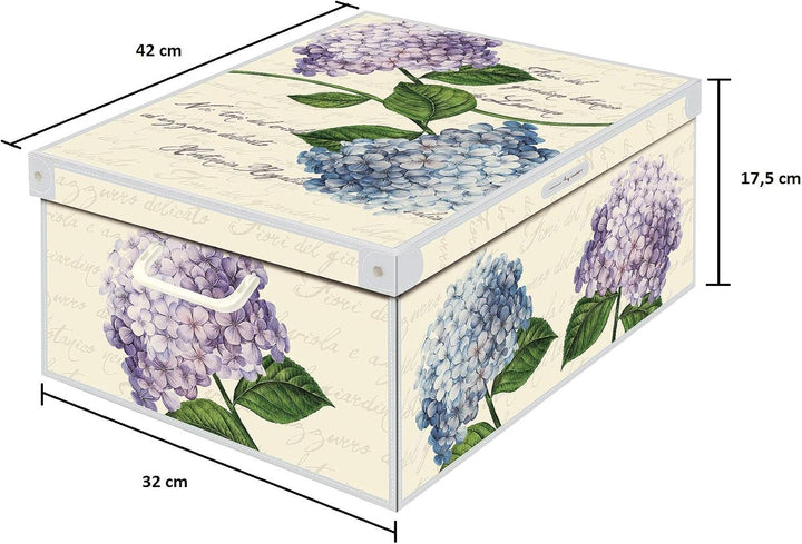 Lavatelli - Kanguru Decorative Storage Box with Lid and Handles, Hydrangeas Design, Medium Size