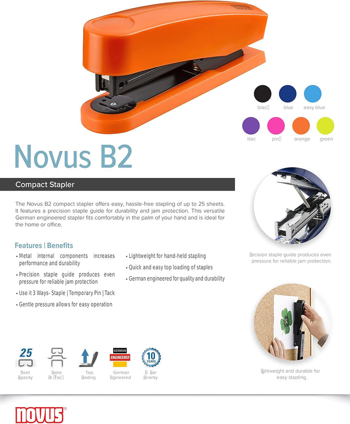 Novus B 2-Table Office Stapler, 25-Sheet Capacity, 65mm, Happy Pink