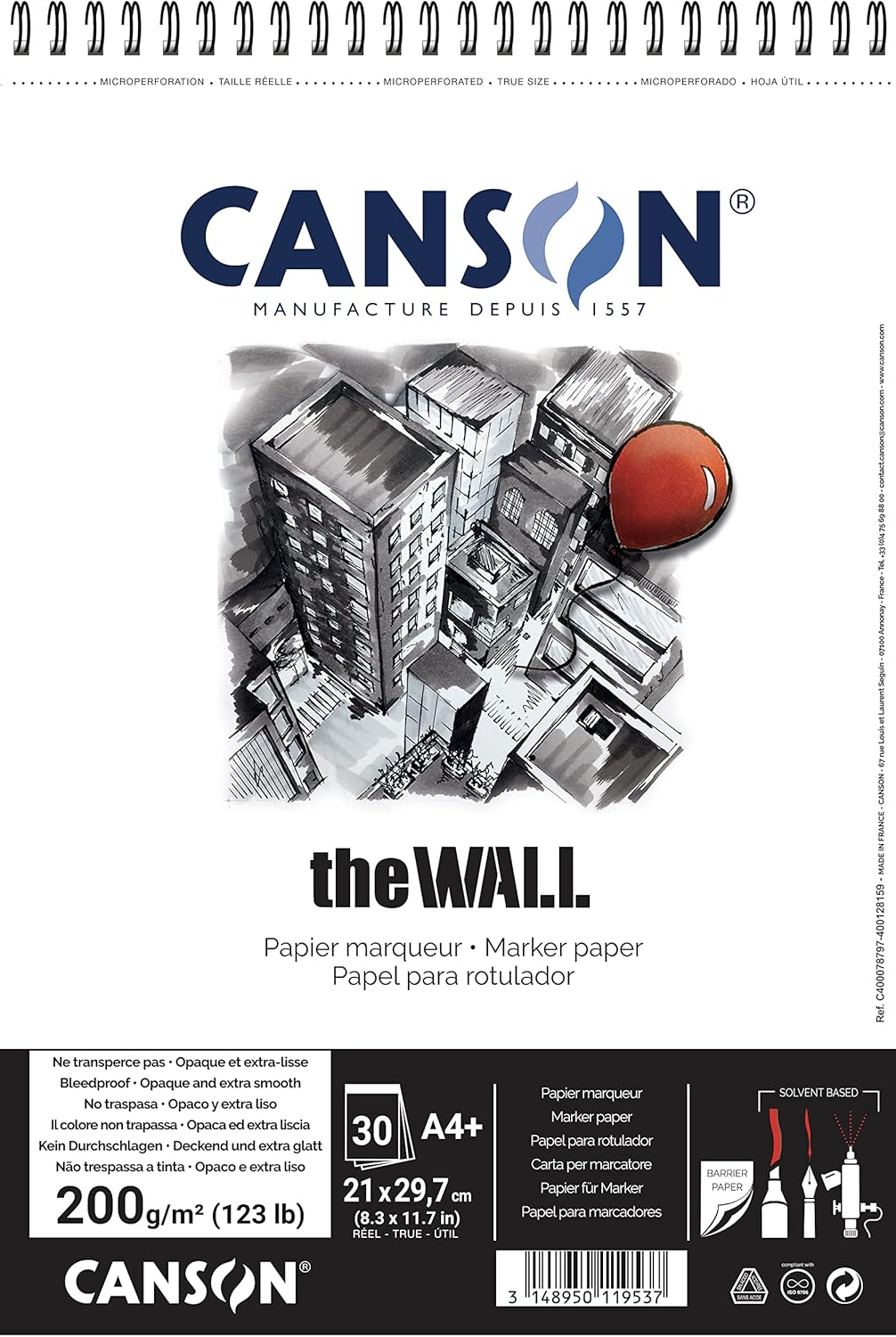 CANSON The Wall Marker 200gsm A4 Paper, Extra Smooth, Spiral Pad Short Side, 30 Sheets