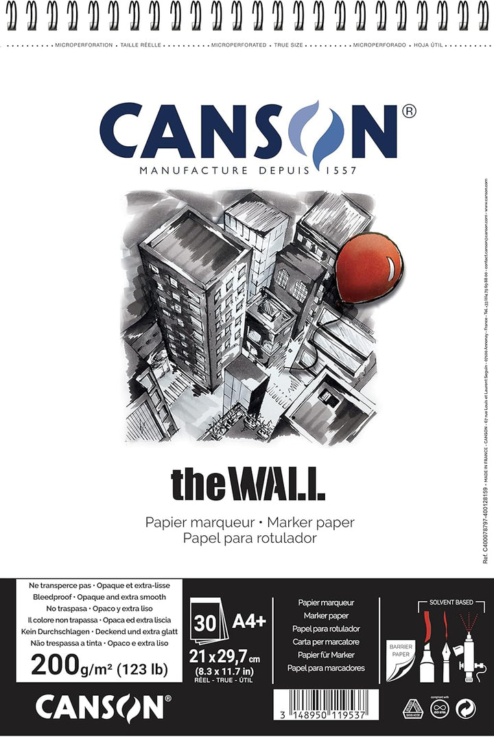 CANSON The Wall Marker 200gsm A4 Paper, Extra Smooth, Spiral Pad Short Side, 30 Sheets