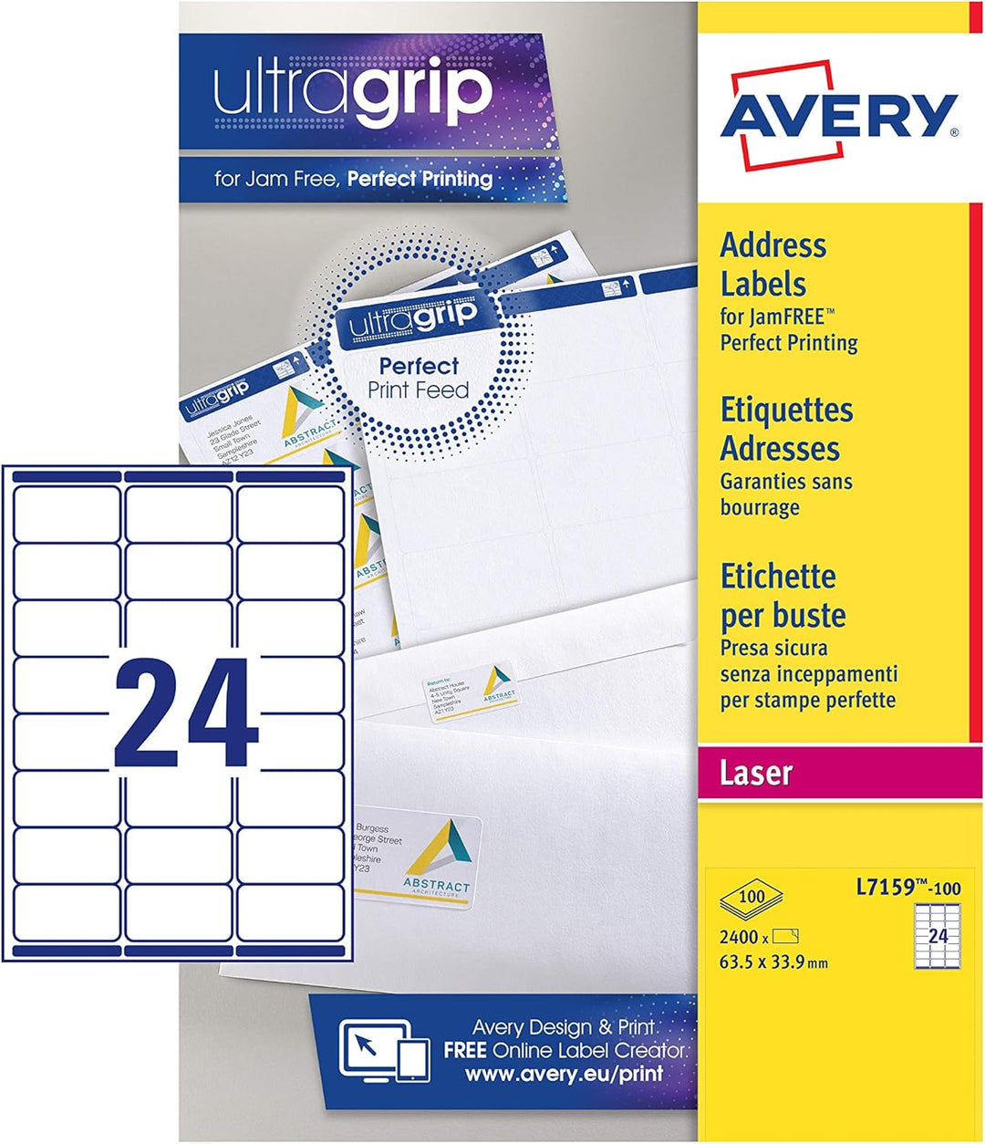 Avery - Self Adhesive Address Mailing Labels Laser Printer Labels, 24 Labels Per Sheet, 2400 Labels, UltraGrip (L7159), White