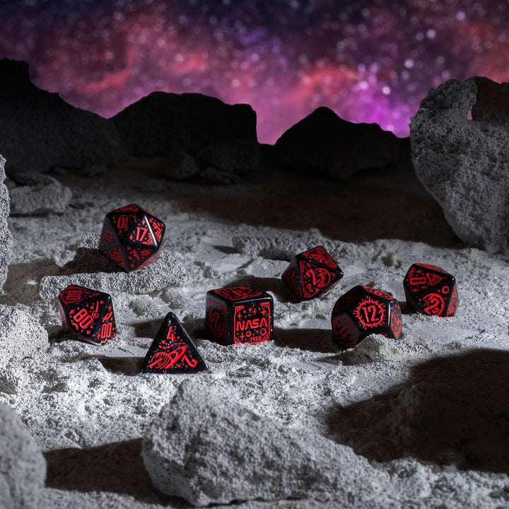 Q WORKSHOP - Space Dice Set Voyager RPG Dice – Shimmering Black with Red Engraving (7-Piece Set)