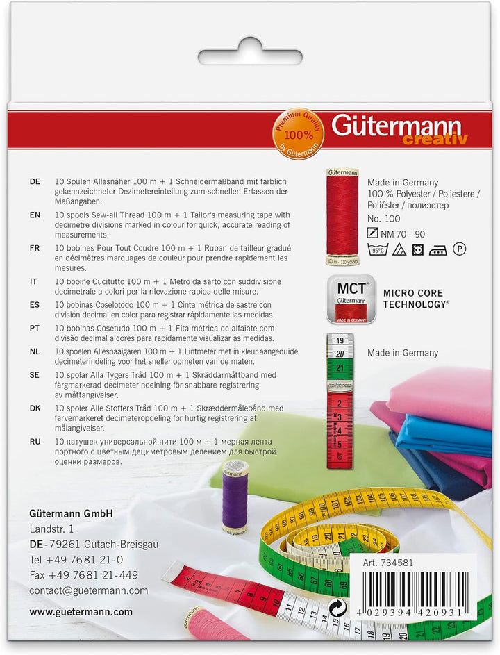 Gutermann Creativ Sewing Thread Set with 10 Spools Sew-All Thread 100m in Strong Colors