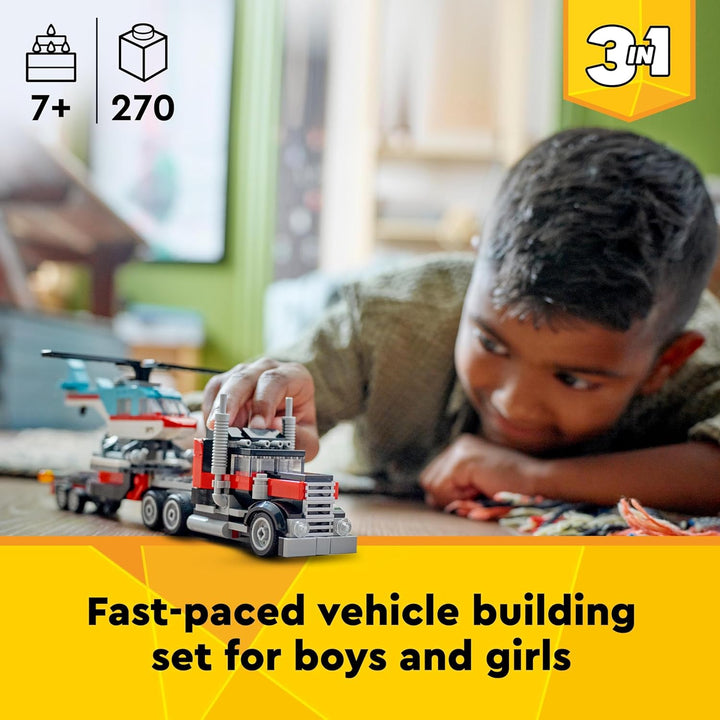LEGO Creator 3in1 Flatbed Truck with Helicopter to Propeller Plane & Hot Rod - 270 Piece Building Set for Ages 7+