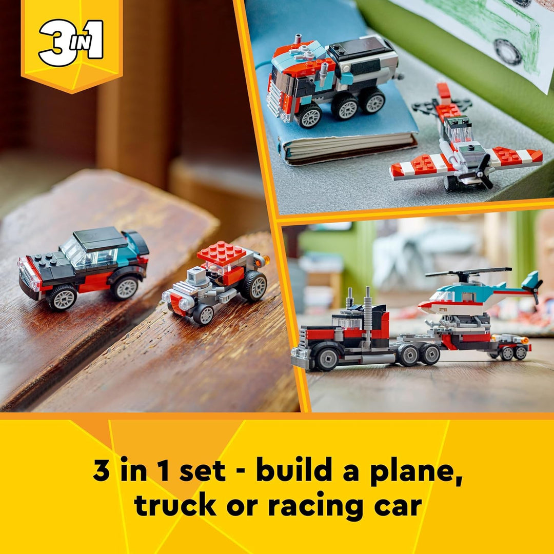 LEGO Creator 3in1 Flatbed Truck with Helicopter to Propeller Plane & Hot Rod - 270 Piece Building Set for Ages 7+