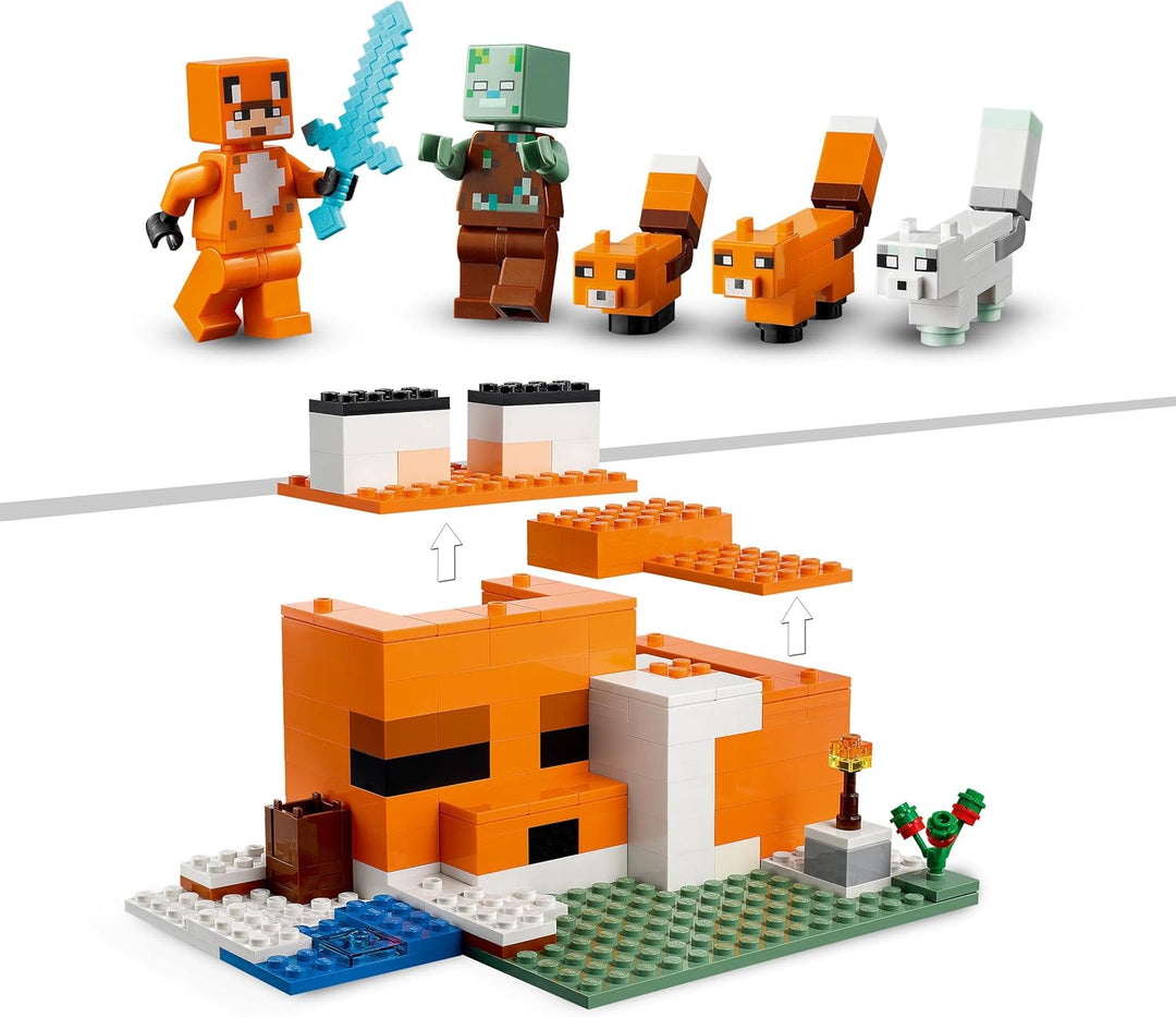 LEGO 21178 Minecraft The Fox Lodge Building Set - Fox-Shaped House with Drowned Zombie & Fox Figures for Kids 8+