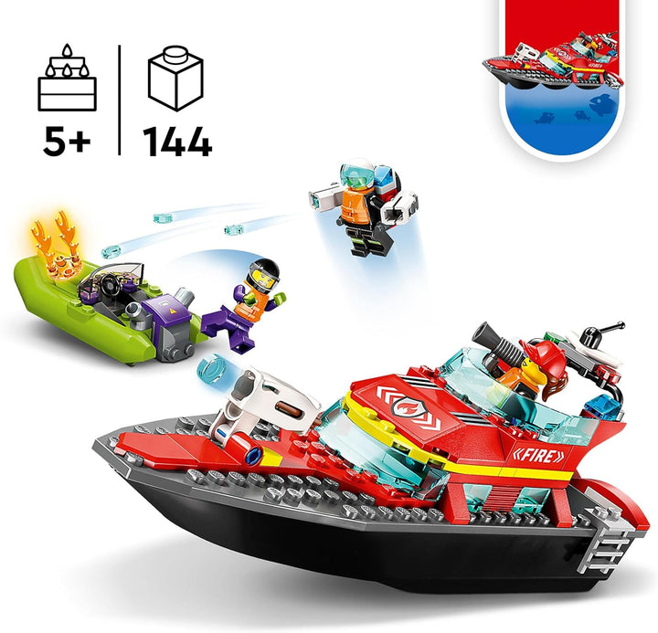 LEGO City Fire Rescue Boat Toy - Floating Fireboat with Jetpack, Dinghy & 3 Minifigures for Kids 5+