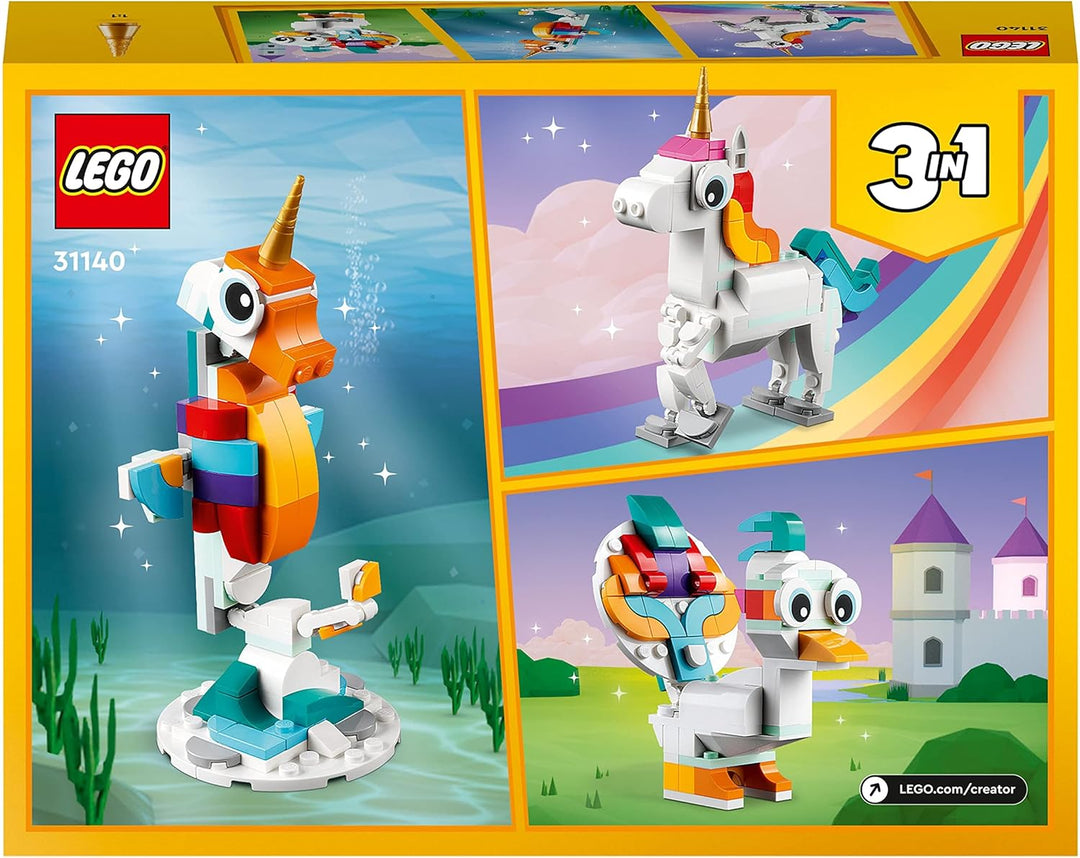 LEGO Creator 3 in 1 Magical Unicorn Toy - Rebuildable Seahorse & Peacock Set for Kids 7+