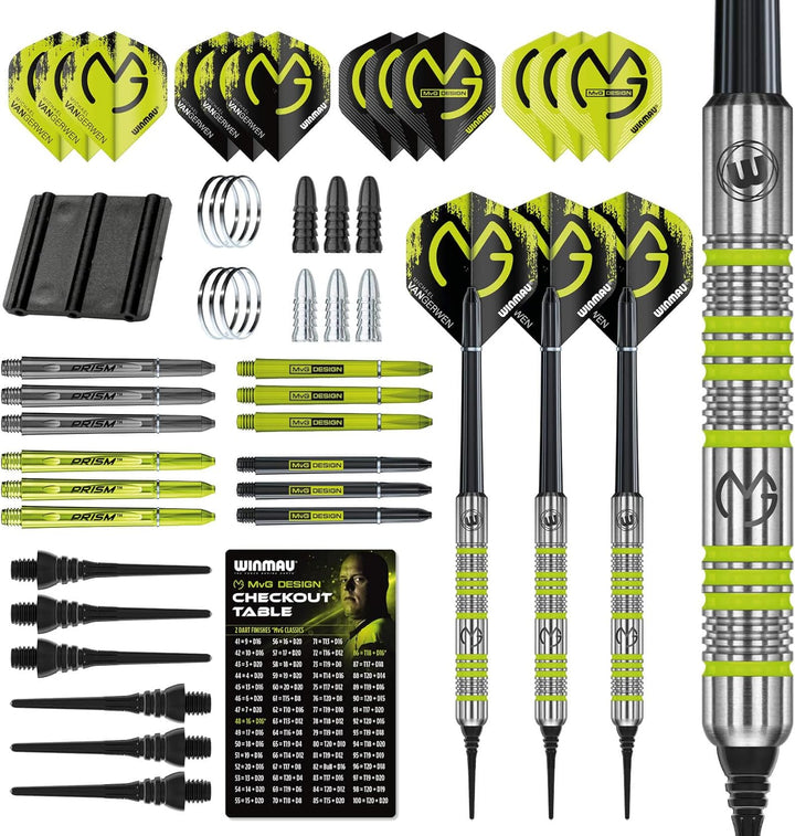 WINMAU Michael van Gerwen MvG Softip Gift Set - 50 Piece Darts Set with 4 Sets of Flights, Shafts, and Accessories