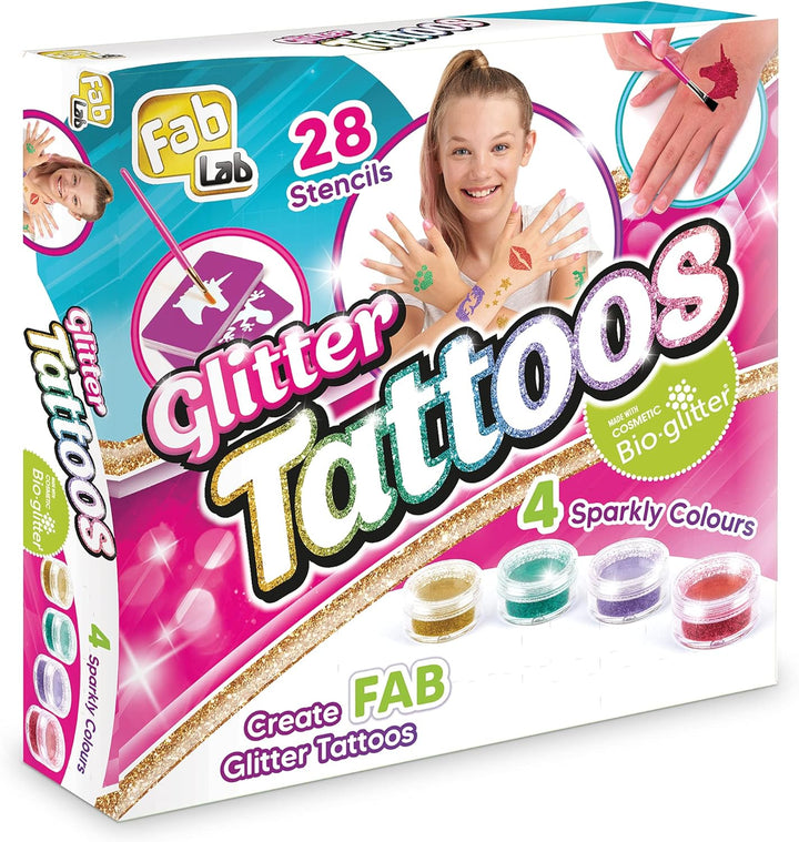 FabLab Glitter Tattoos Kit with Bioglitter, 28 Designs & 4 Sparkly Colors