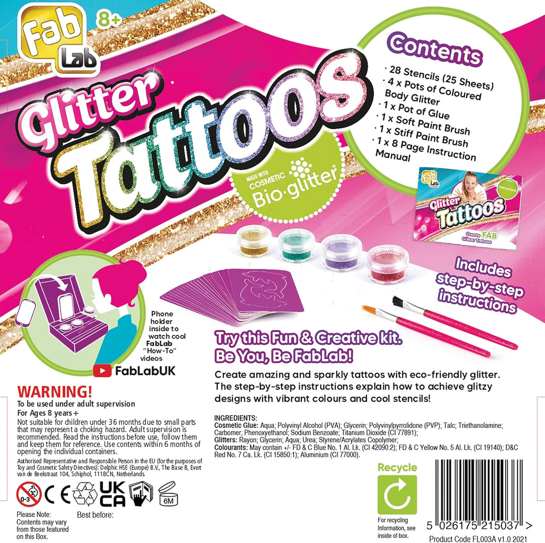 FabLab Glitter Tattoos Kit with Bioglitter, 28 Designs & 4 Sparkly Colors
