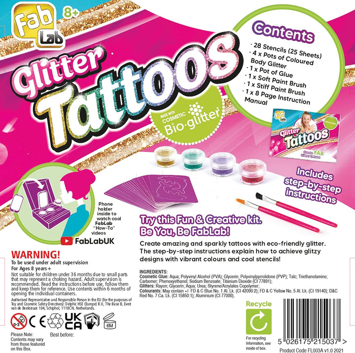 FabLab Glitter Tattoos Kit with Bioglitter, 28 Designs & 4 Sparkly Colors