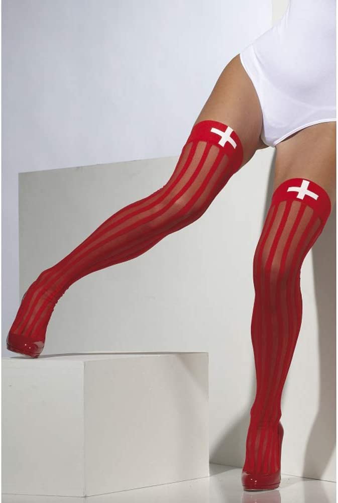 Fever Women’s Sheer Hold-Ups with Vertical Stripes, Red with White Cross Print, One Size