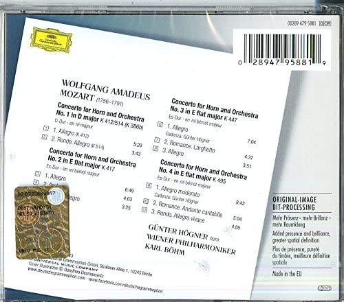 Mozart, W.A.: Horn Concerto No.1 In D, K.386b (K.412 & 514); Horn Concerto No.2 In E Flat, K.417; Horn Concerto No.4 In E Flat, K.495 - Gnter Hgner Wiener Philharmoniker Karl Bhm [Audio CD]