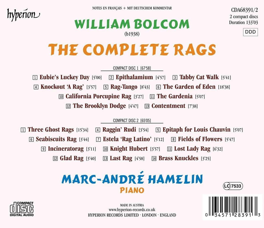 Bolcom: The Complete Rags [Marc-André Hamelin] [Hyperion Records A68391/2] [Audio CD]