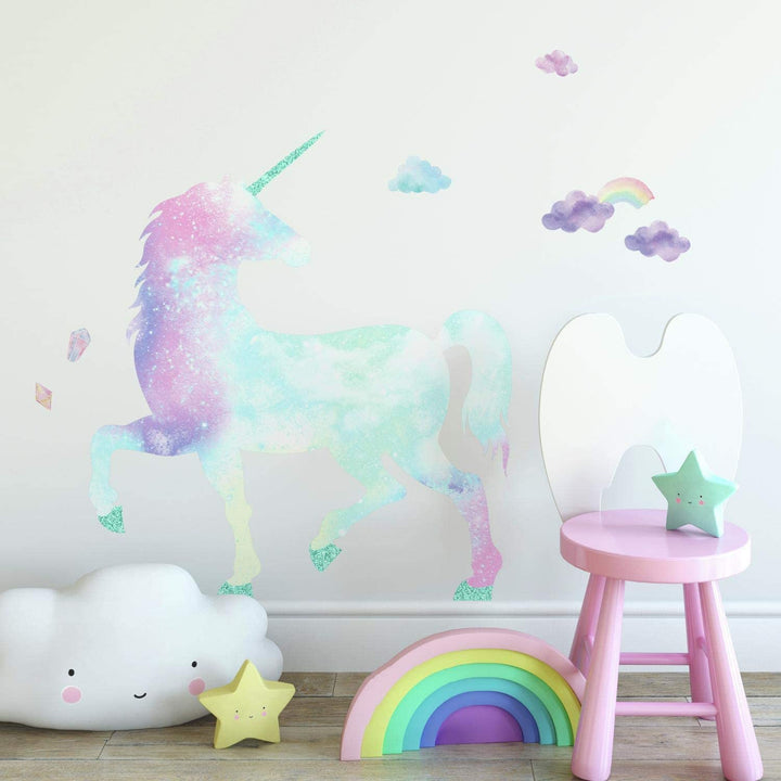 RoomMates Galaxy Unicorn Peel and Stick Giant Wall Decal with Glitter, Pink, Blu