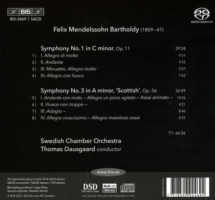 Swedish Chamber Orchestra - Mendelssohn: Symphonies 1&3 [Swedish Chamber Orchestra; Thomas Dausgaard] [Bis: BIS2469] [Audio CD]