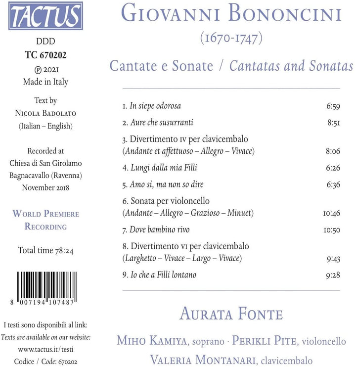 Bononcini: Cantate E Sonate [Aurata Fonte] [Tactus: TC 670202] [Audio CD]