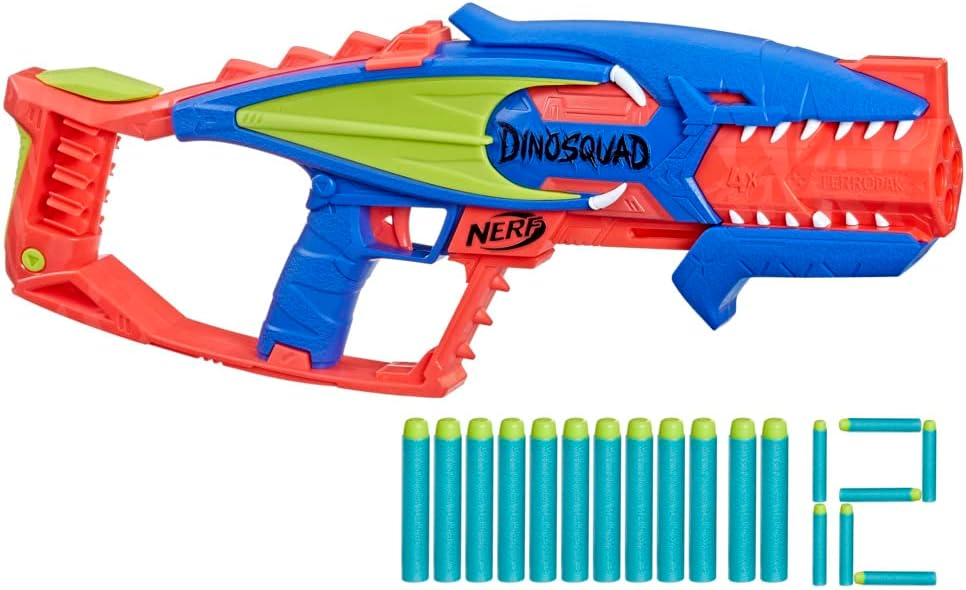 Nerf DinoSquad Terrodak – 12 Nerf Elite Darts – Dinosaurier-Design – 4 Dart Nerf Bl