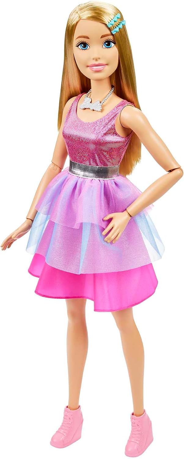 Barbie Große Barbie-Puppe mit blonden Haaren, 28 Zoll groß, schimmerndes rosa Kleid mit